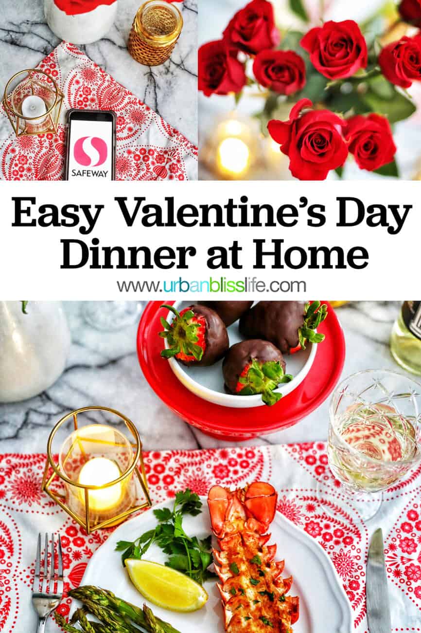 Valentine's Day dinner lobster chocolate covered strawberries roses candles wine with title text