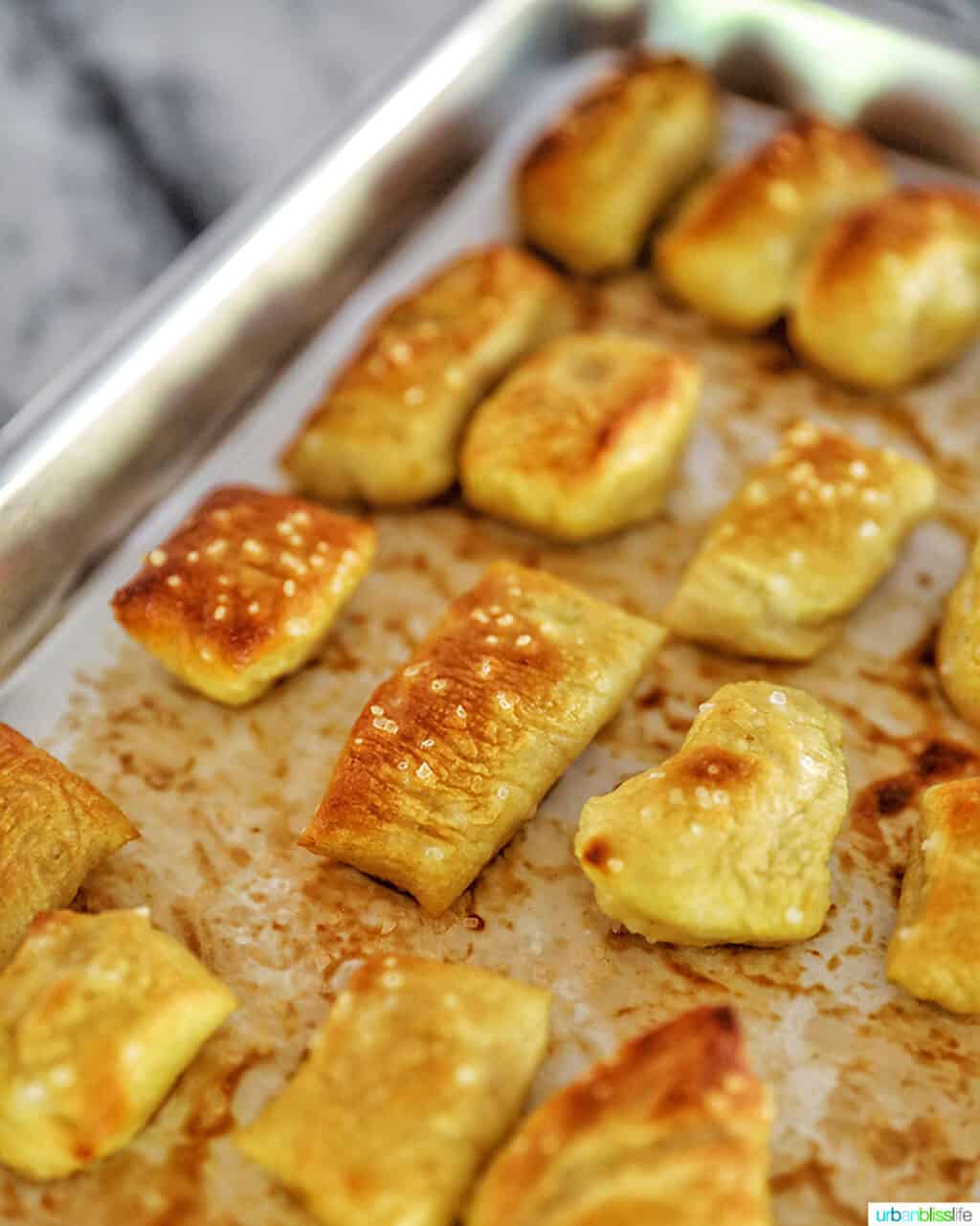 soft pretzel bites on baking sheet