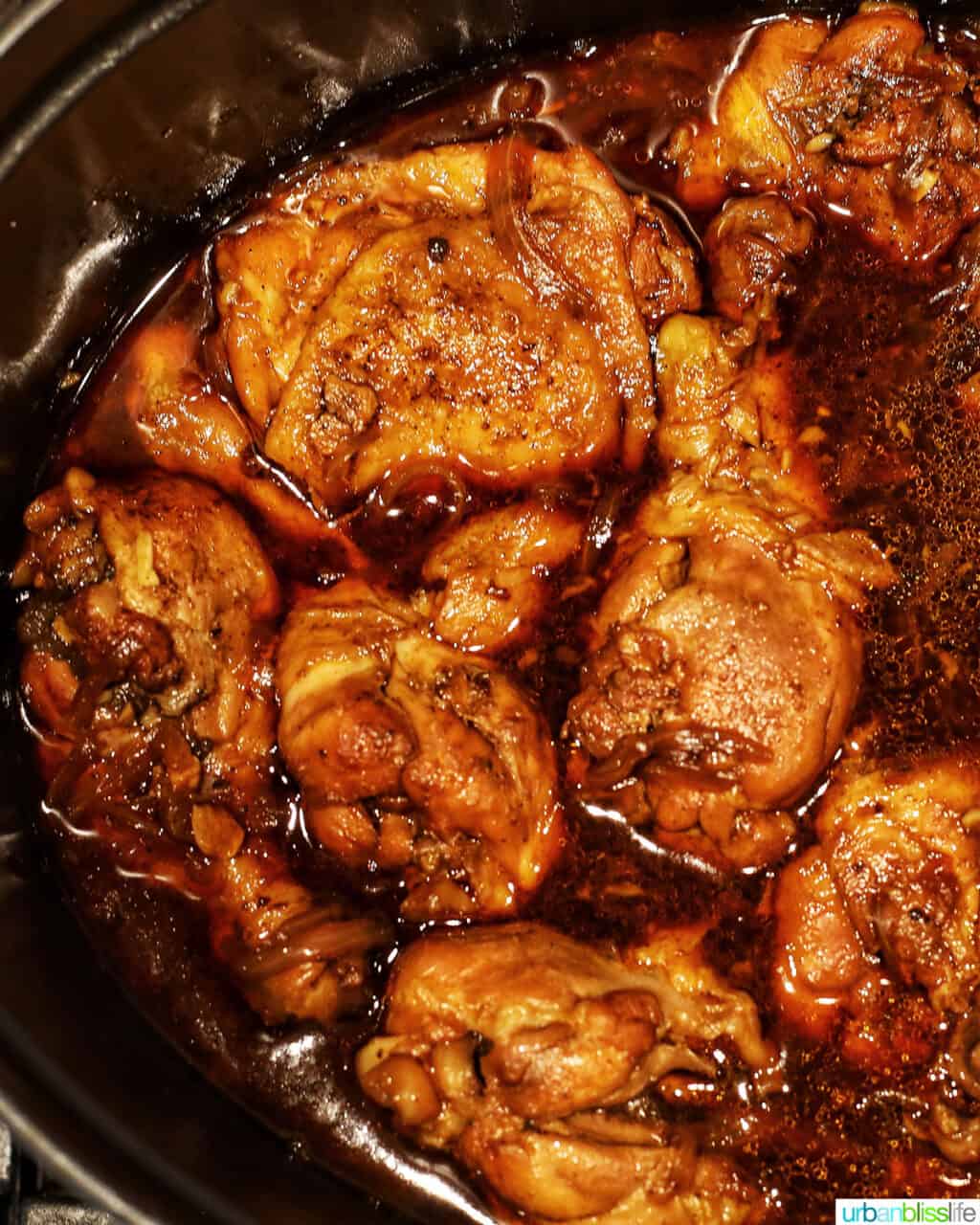 Filipino chicken adobo fully cooked in sauce in an Instant Pot.