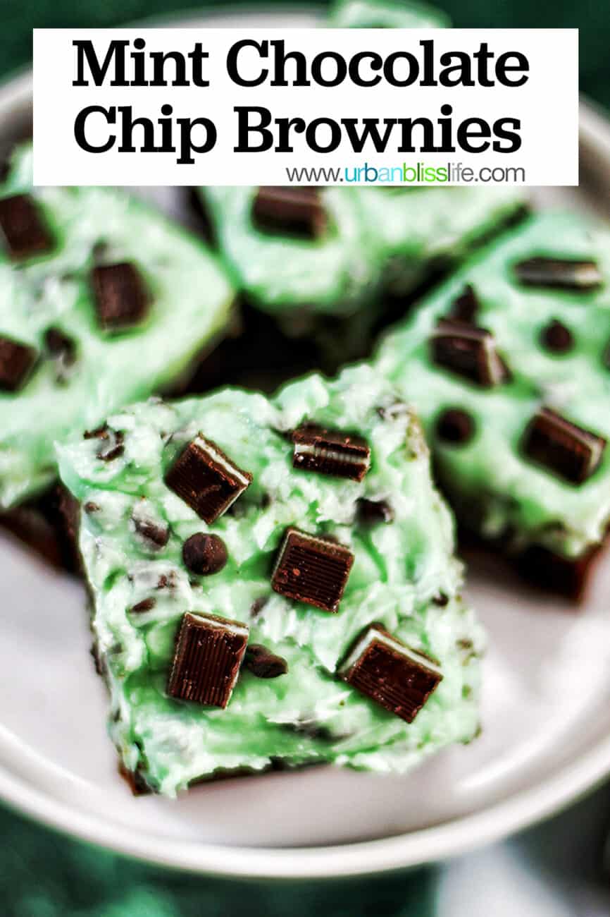 Mint Chocolate Chip Brownies on a cake pedestal on green background