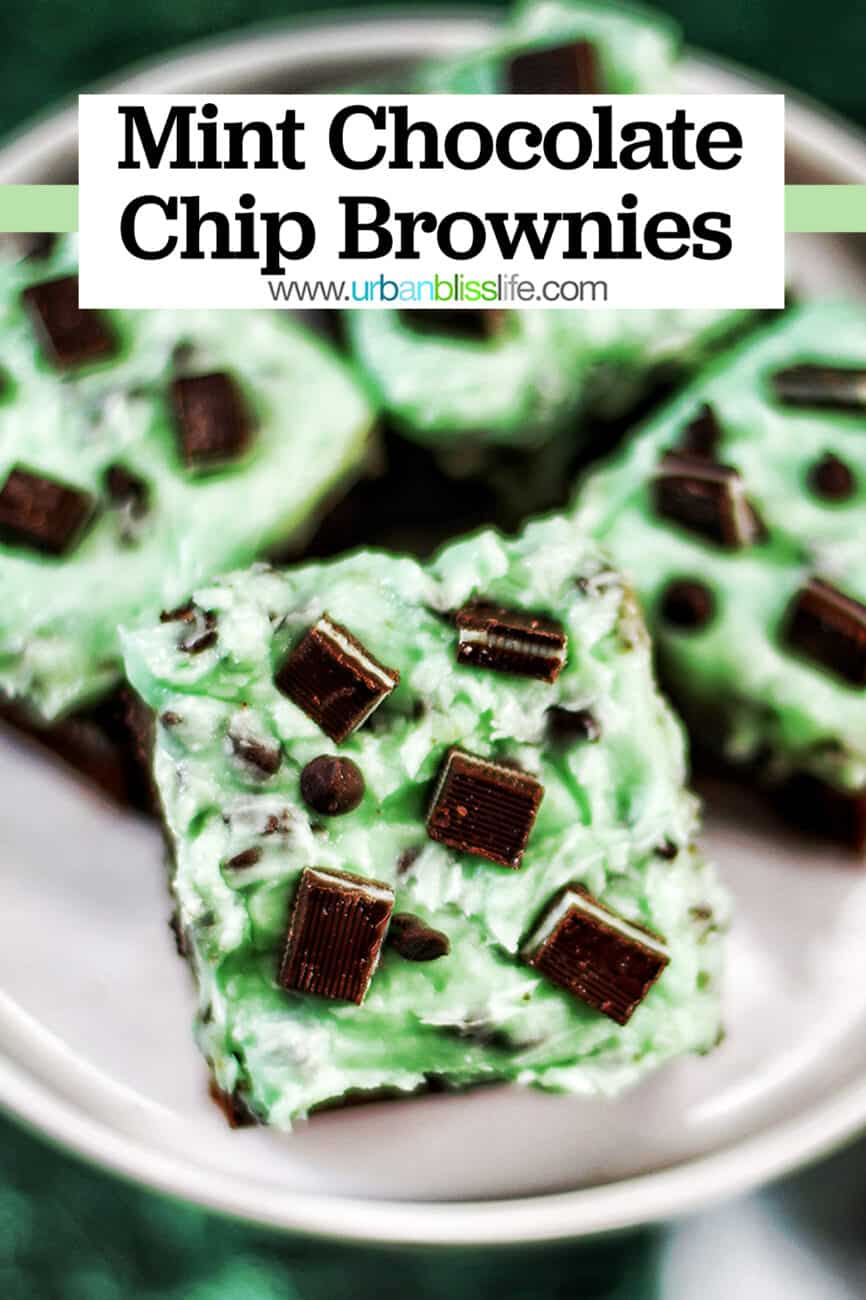 Mint Chocolate Brownies on a cake pedestal with title text