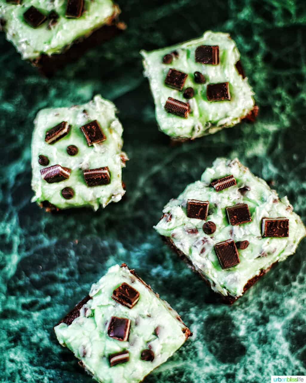 Mint Chocolate Brownies flatlay on green background