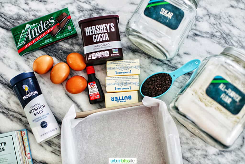 ingredients for mint chocolate chip brownies