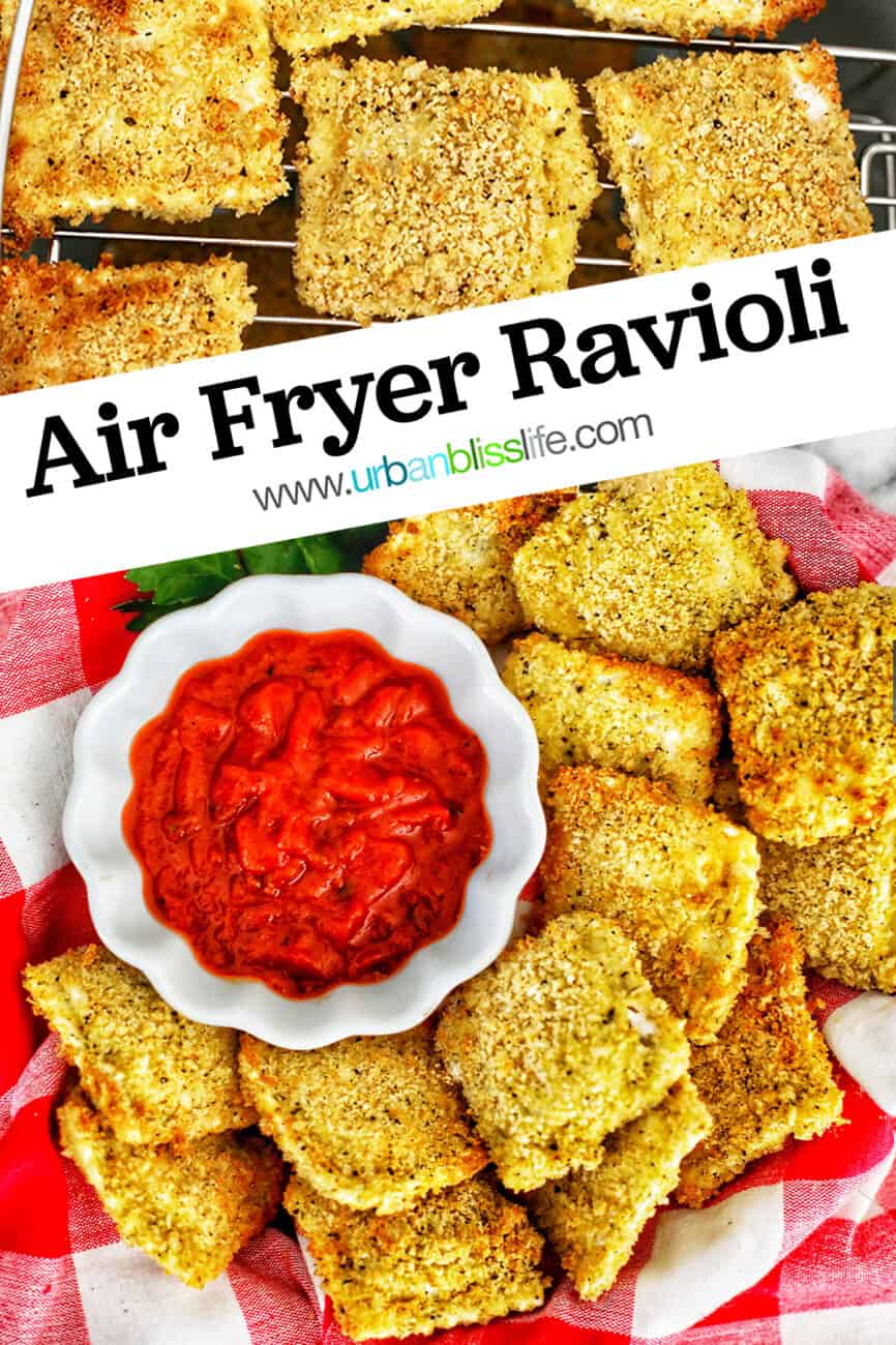 Air Fryer Ravioli with dipping sauce with text for Pinterest