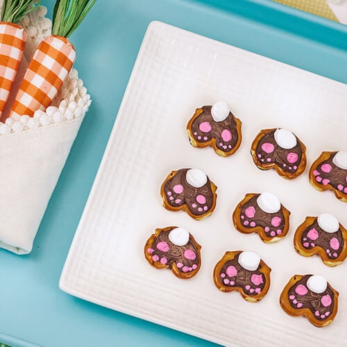 cute Easter bunny pretzels on blue tray