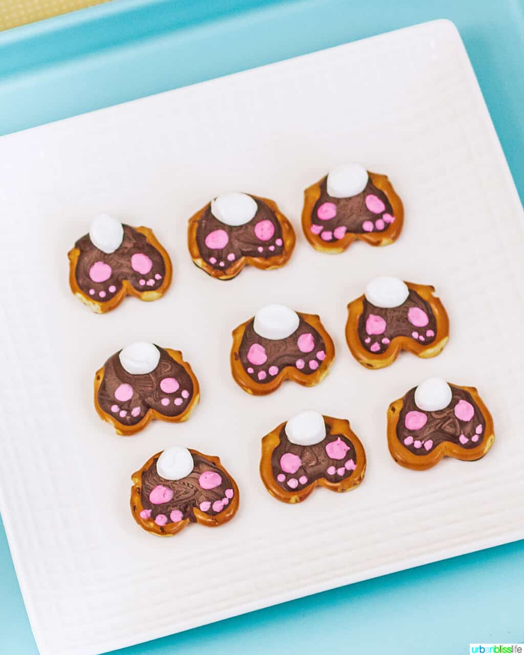 tray of cute Easter bunny pretzels