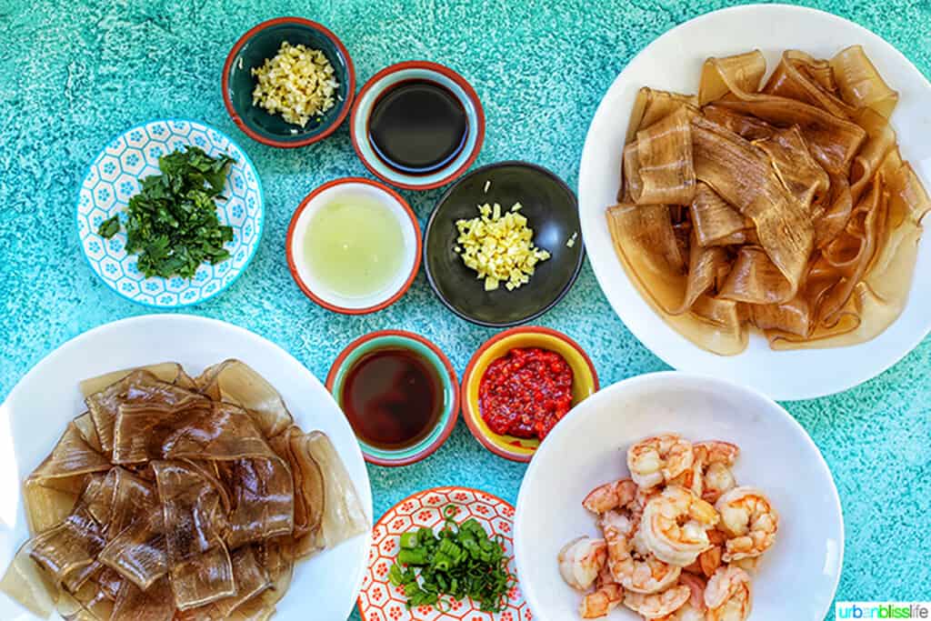 ingredients for wide glass noodles with shrimp and chili lime oil sauce