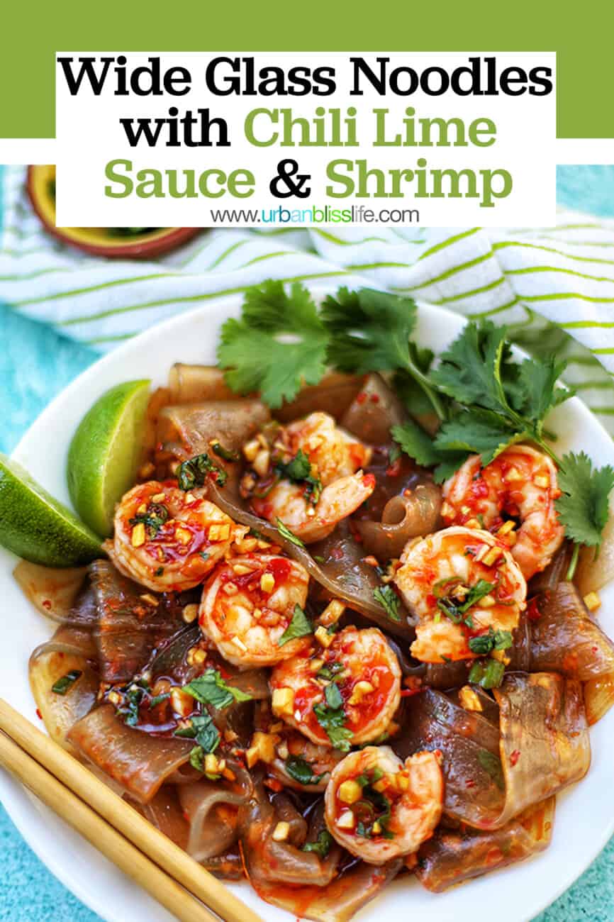 wide glass noodles with shrimp and chili lime oil sauce in a bowl with chopsticks