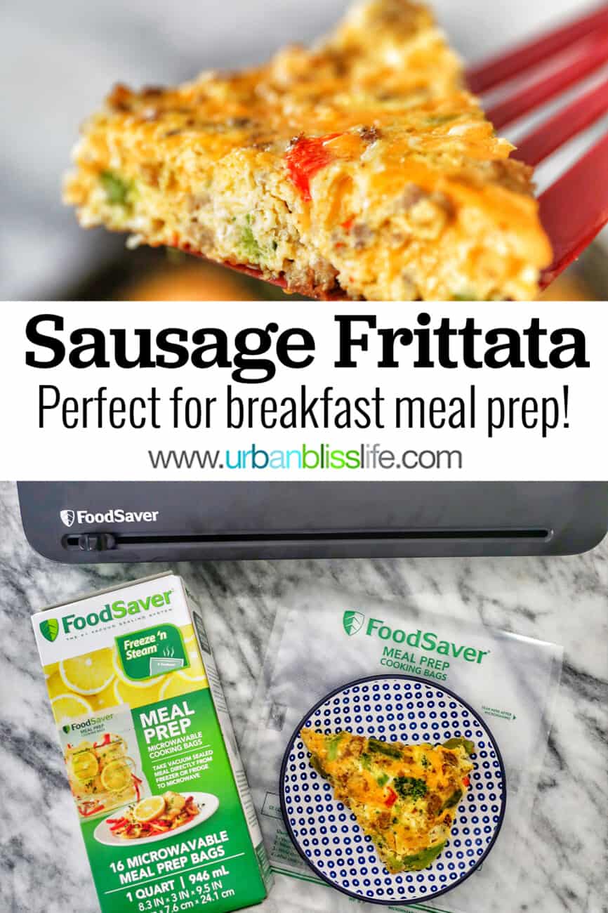 slice of sausage frittata with foodsaver meal prep products and pinterest text