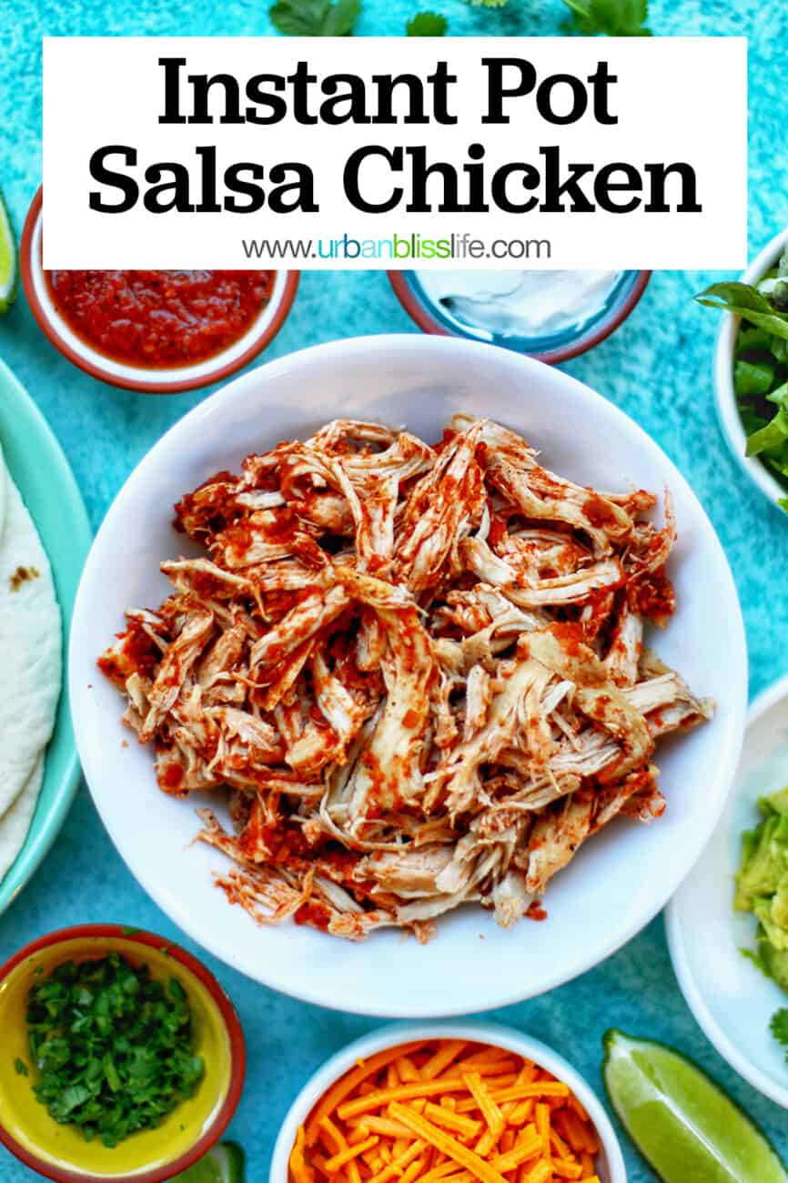 Instant Pot Salsa Chicken with text for Pinterest