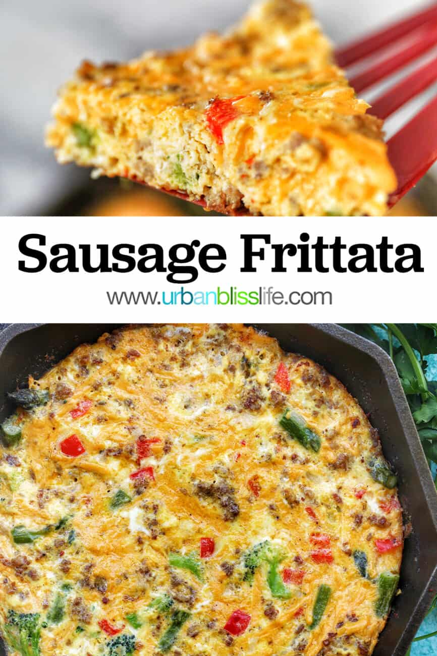 sausage frittata slice and in pan, with text for Pinterest