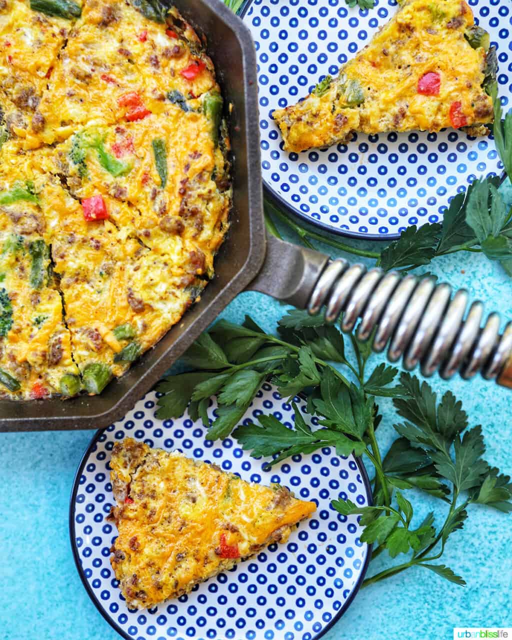 Sausage Frittata in pan with slices on plates