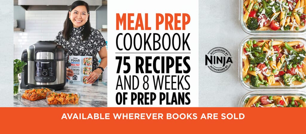 Marlynn Jayme Schotland with Ninja Foodi Cookbook, cover, and pasta primavera