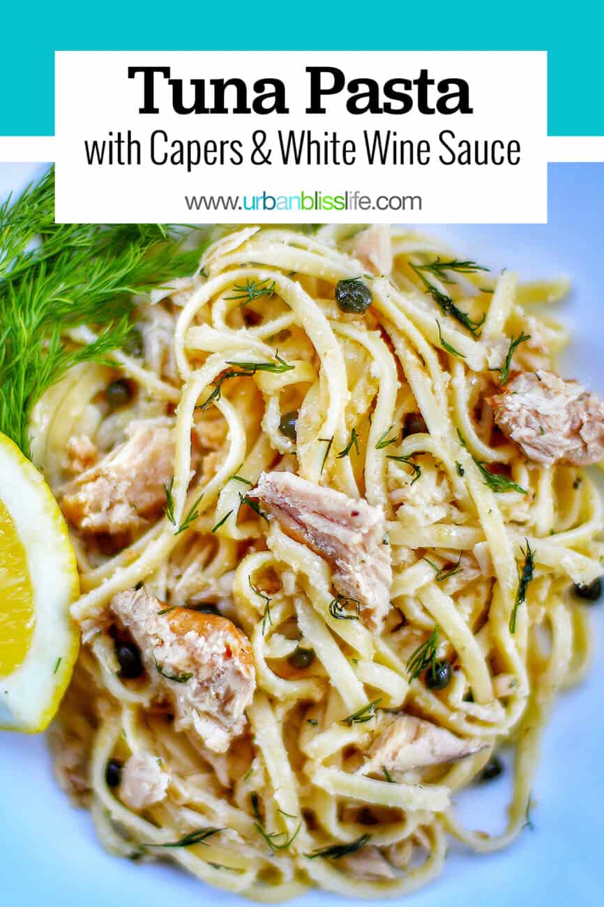 bowl of tuna pasta with text overlay