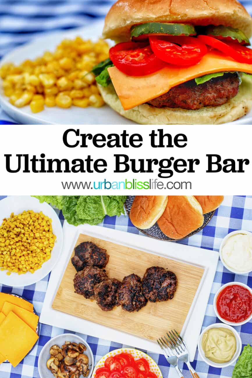 the ultimate burger bar with all the fixings on checkered tablecloth with text overlay