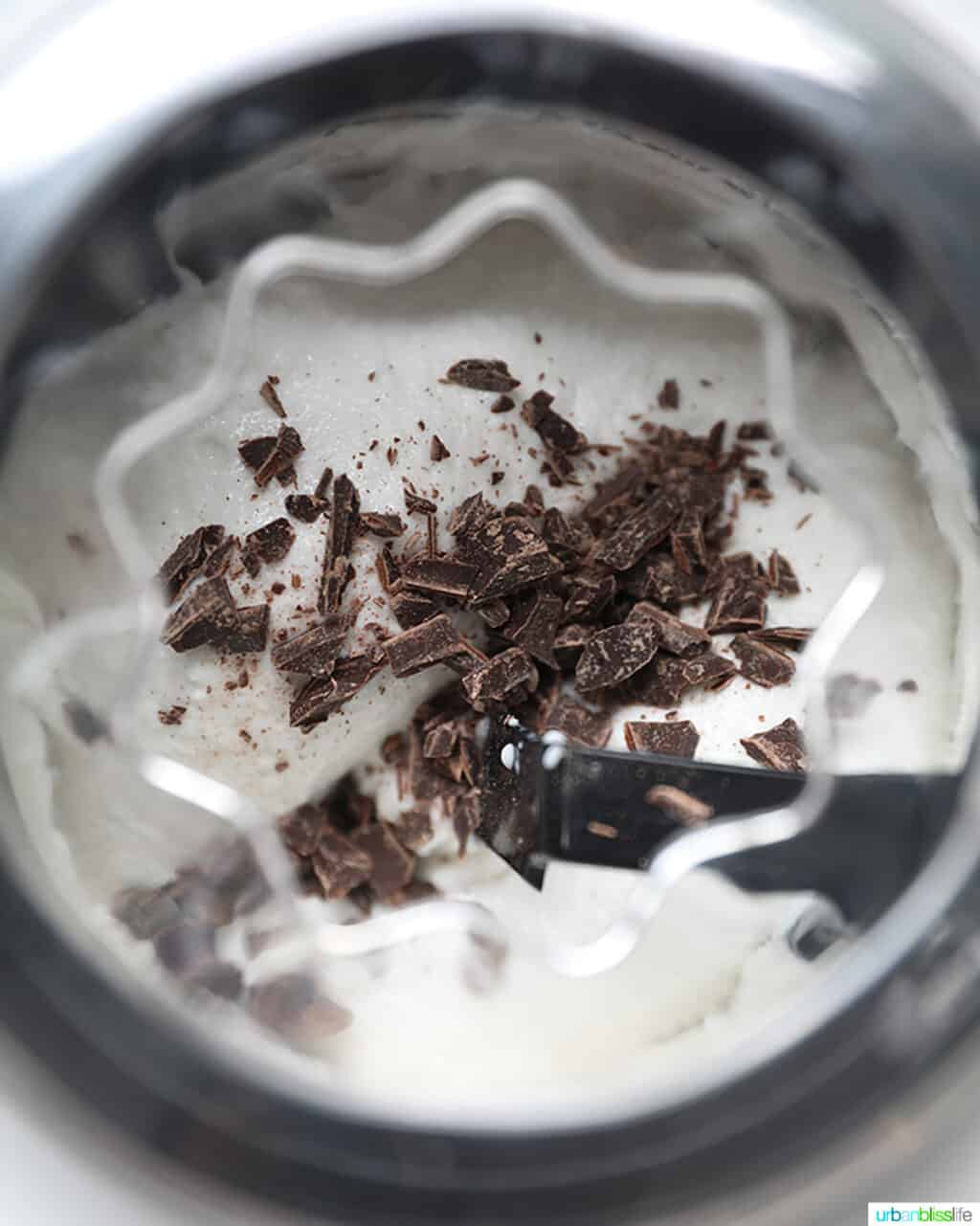 dairy-free chocolate chip ice cream churning in the ice cream maker