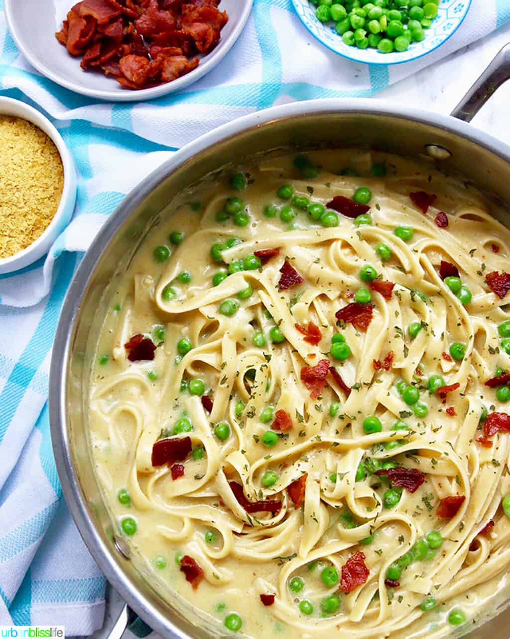 skillet of Fettuccine with Bacon and Peas