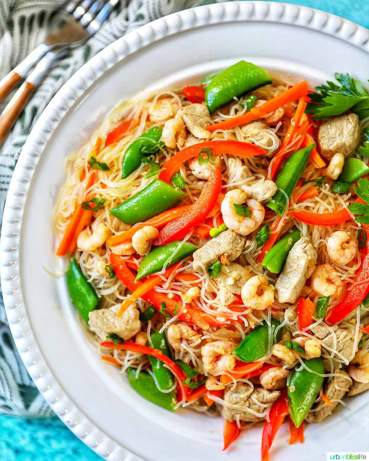 closeup of Filipino Pancit Bihon - noodles, shrimp, chicken, snap peas, red peppers- in a bowl.