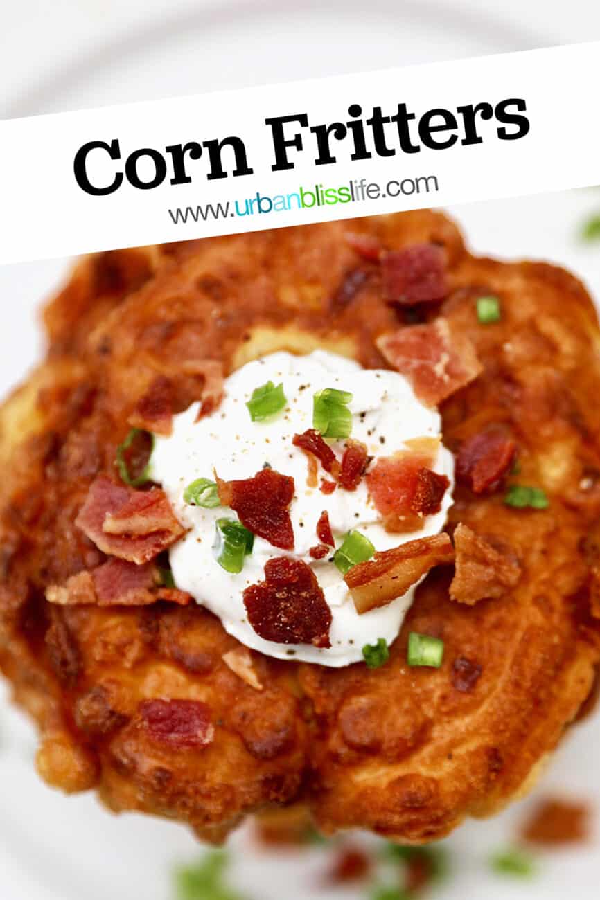 stack of corn fritters with text overlay