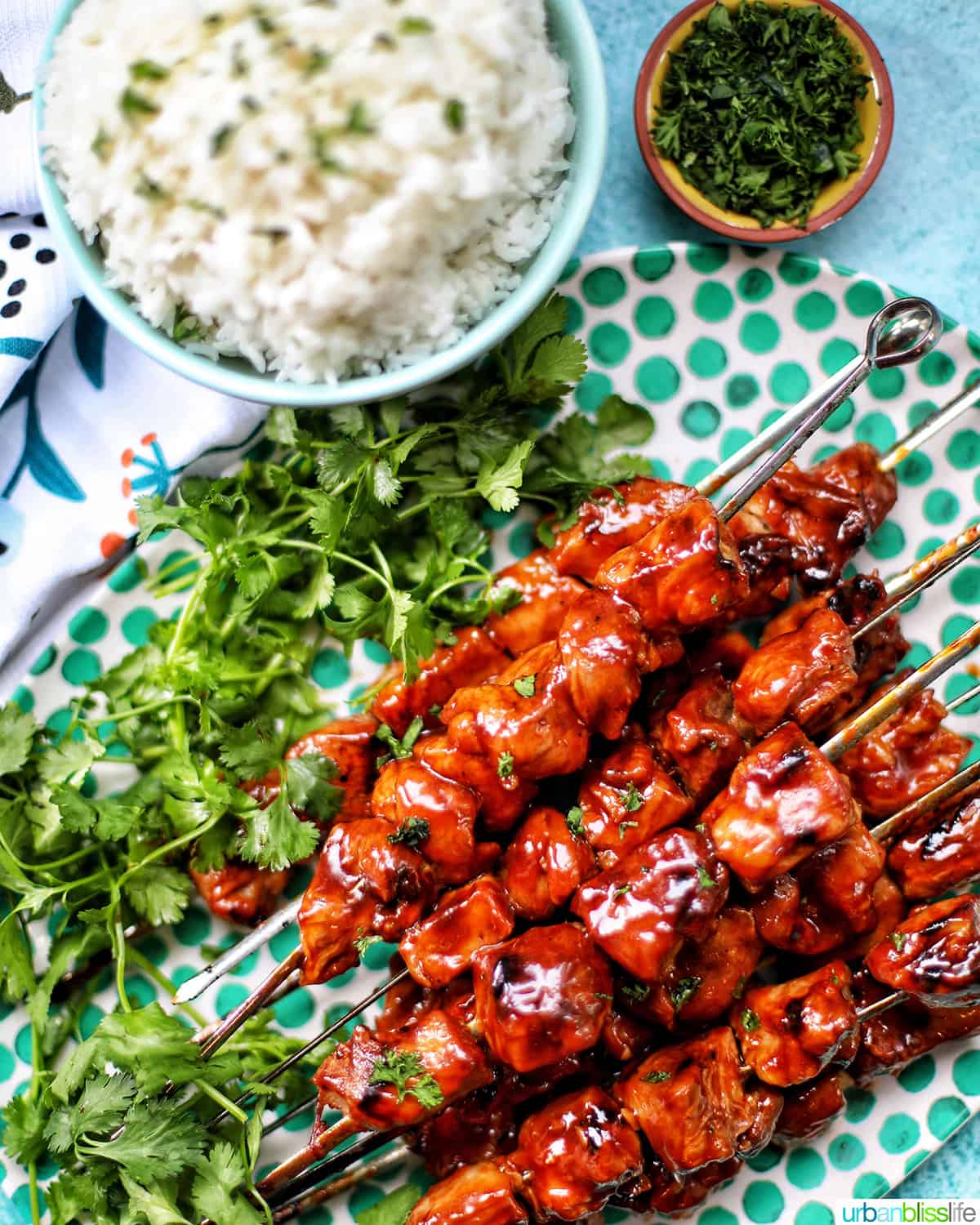 closeup of Filipino BBQ pork skewers with cilantro leaves on a green and white polka dot platter with side of rice.