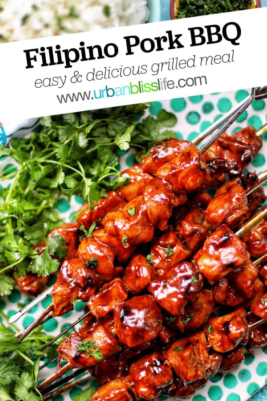 Filipino BBQ pork skewers with text overlay