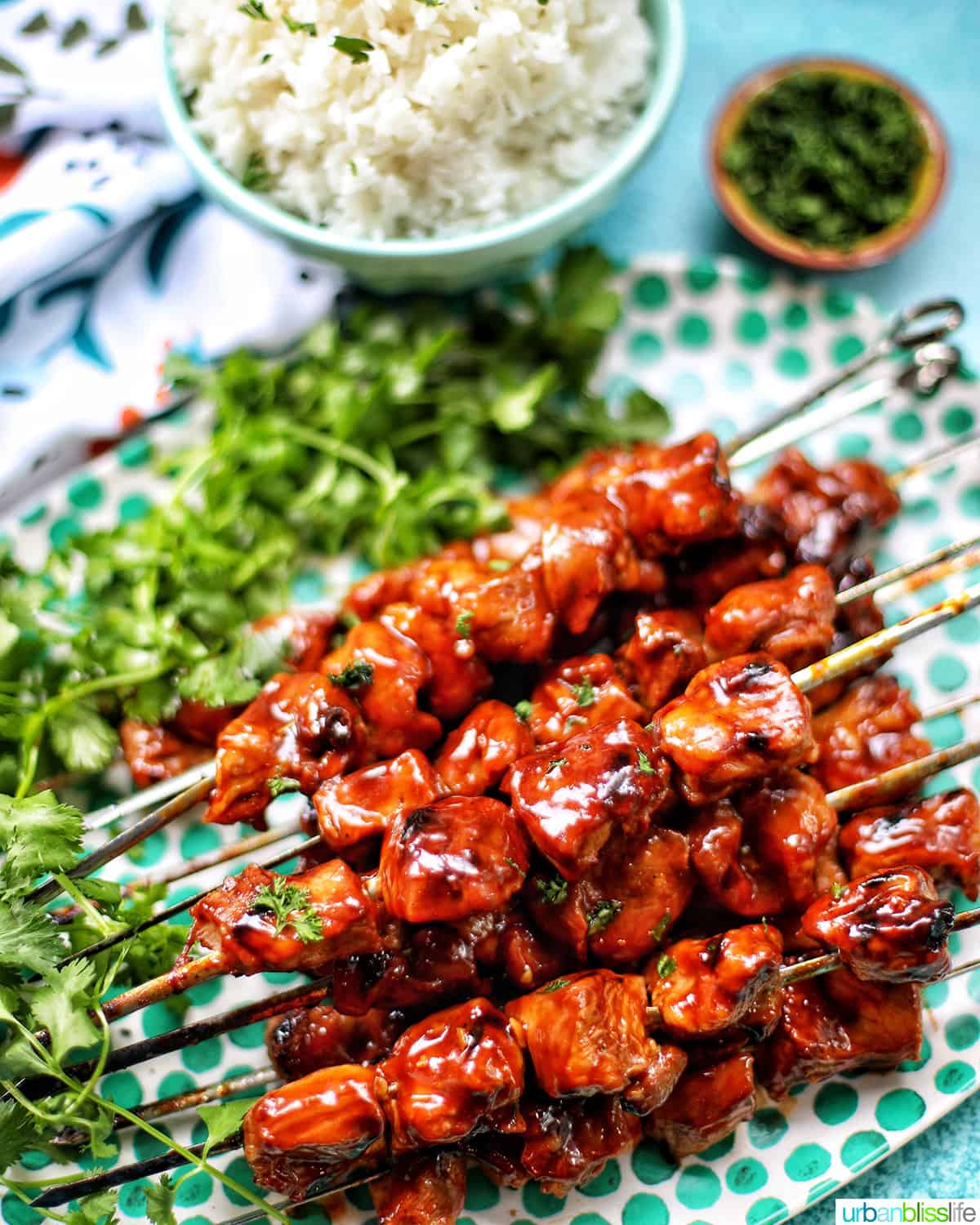 closeup of Filipino BBQ pork skewers with cilantro leaves on a green and white polka dot platter.