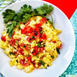 eggs with salsa in a white bowl