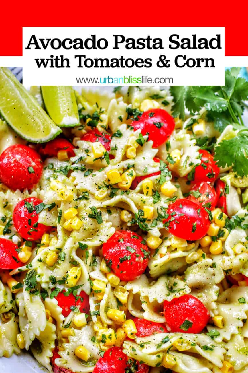 avocado salad with tomatoes and corn with text overlay