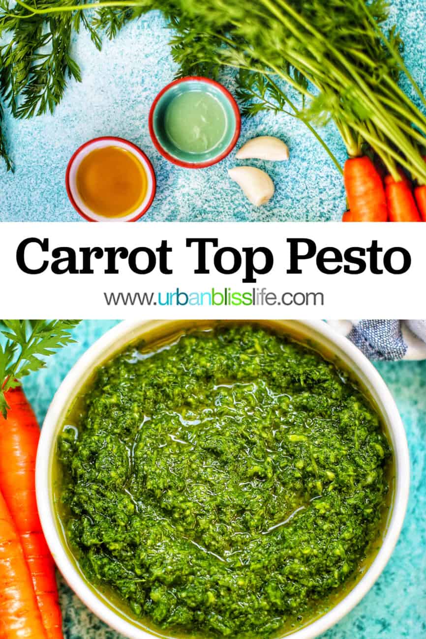 carrot top pesto with text overlay