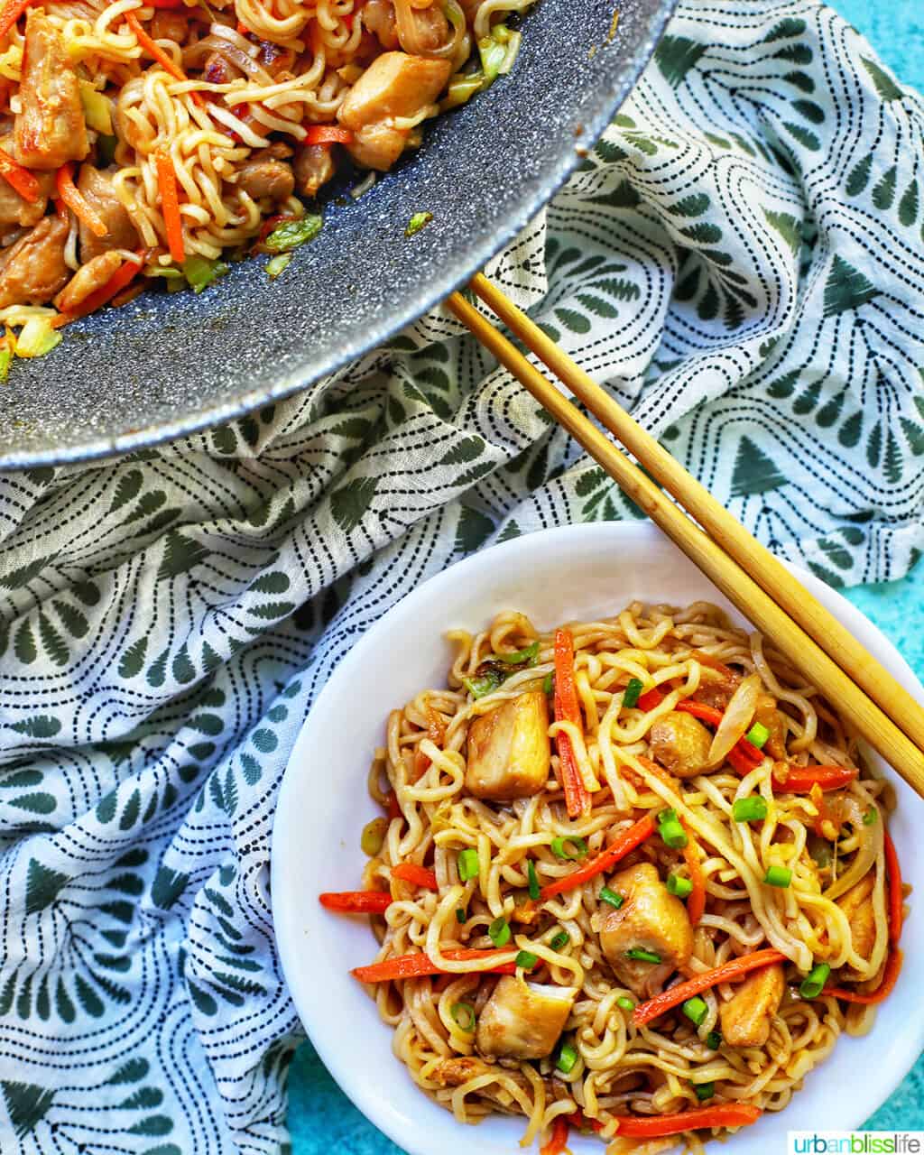 bowl and wok with chicken yakisoba