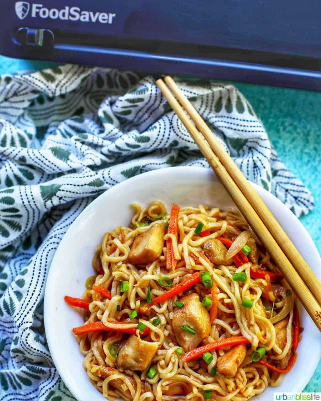 bowl of chicken yakisoba with FoodSaver