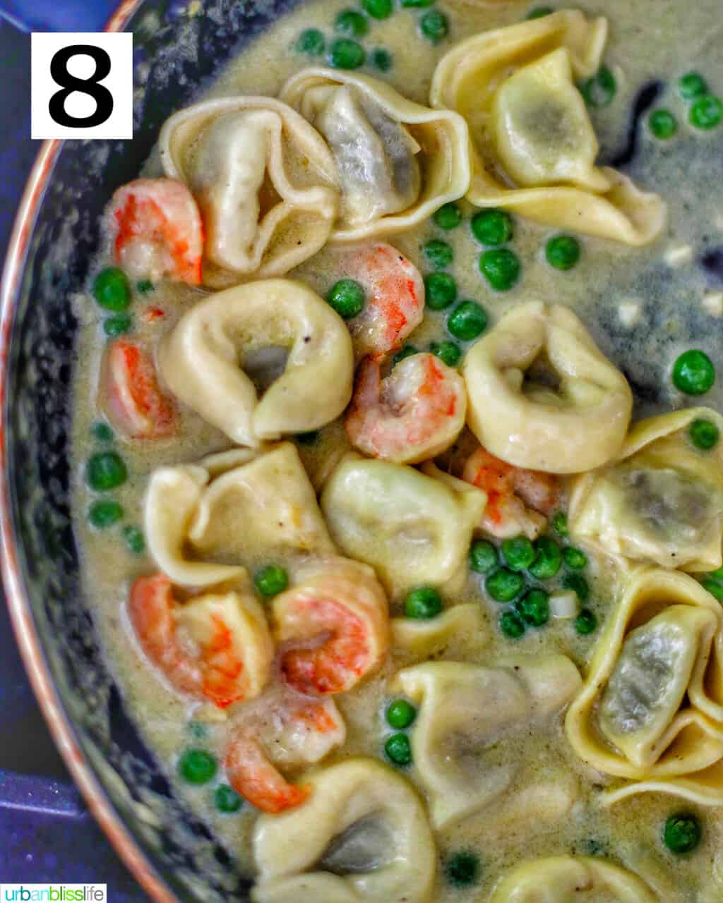 Dairy-Free Shrimp Tortellini with Peas in a pan