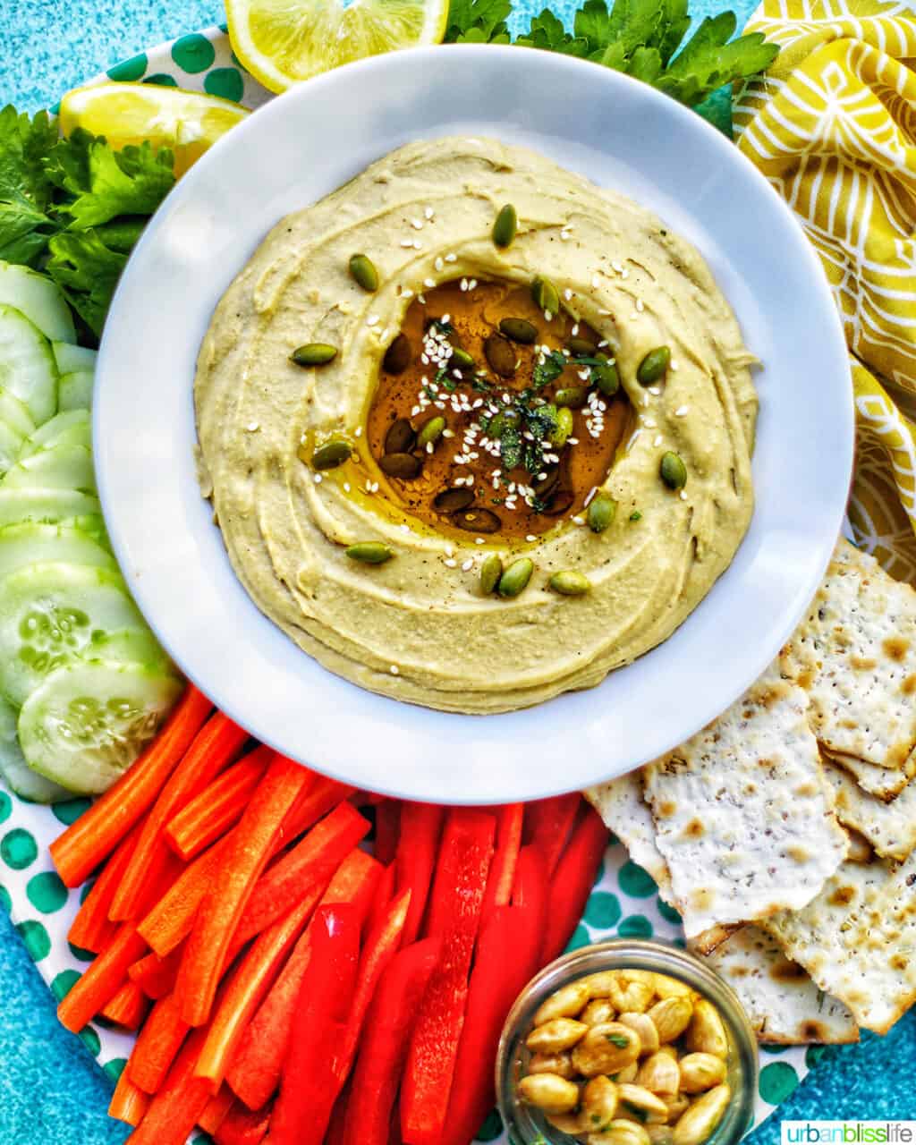 bowl of hummus with veggies