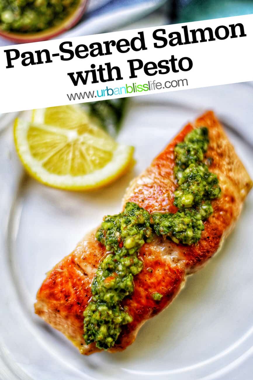 pan-seared salmon with pesto and text overlay