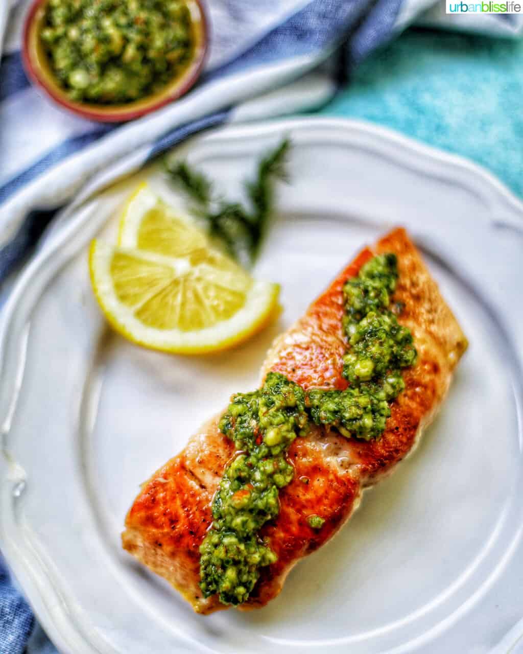 pan-seared salmon with almond basil pesto