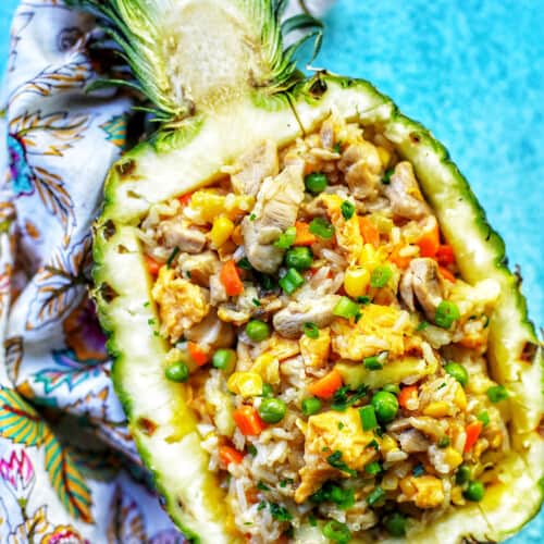 pineapple fried rice in hollowed out pineapple boat