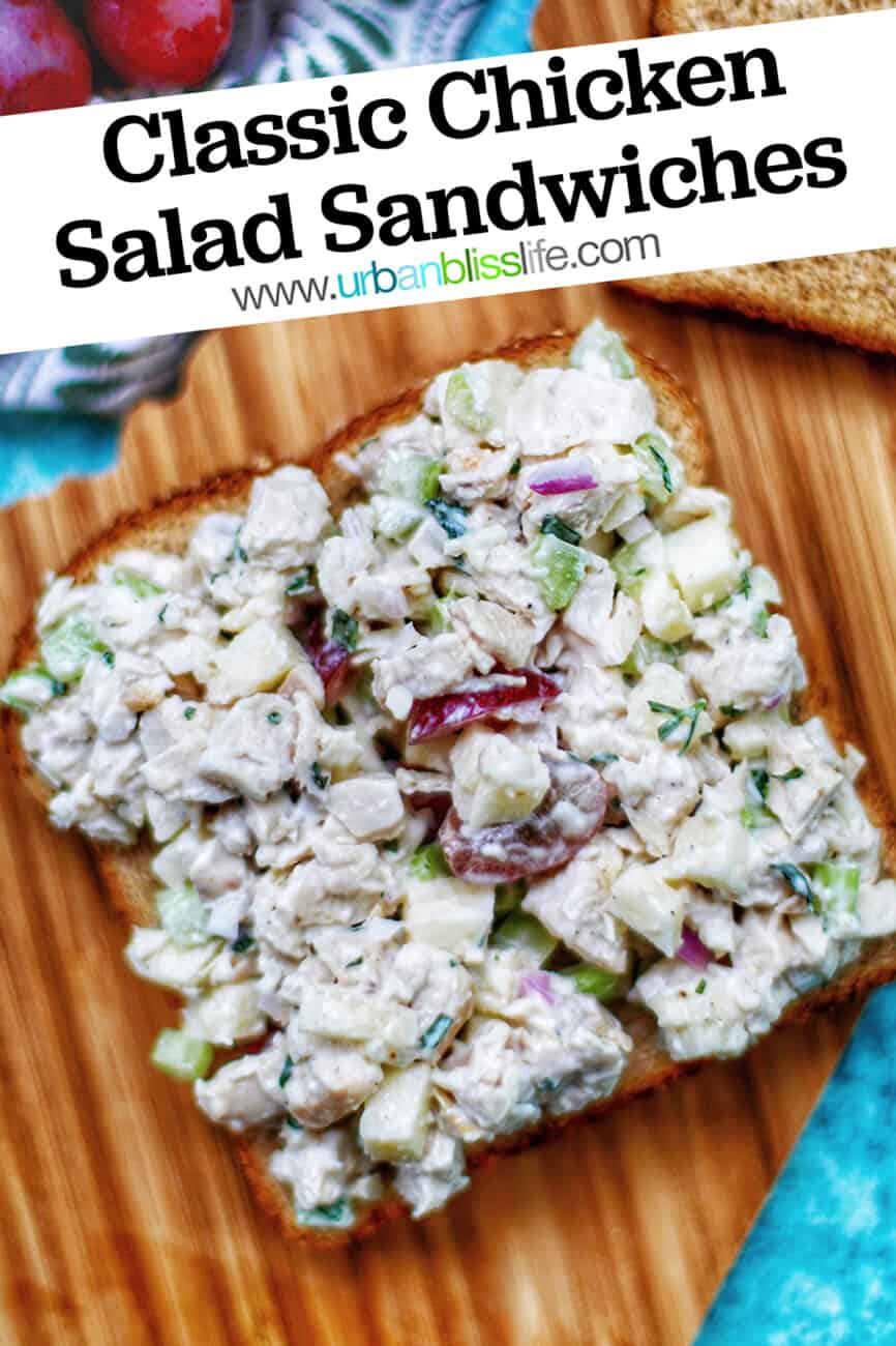 chicken salad sandwich with text overlay