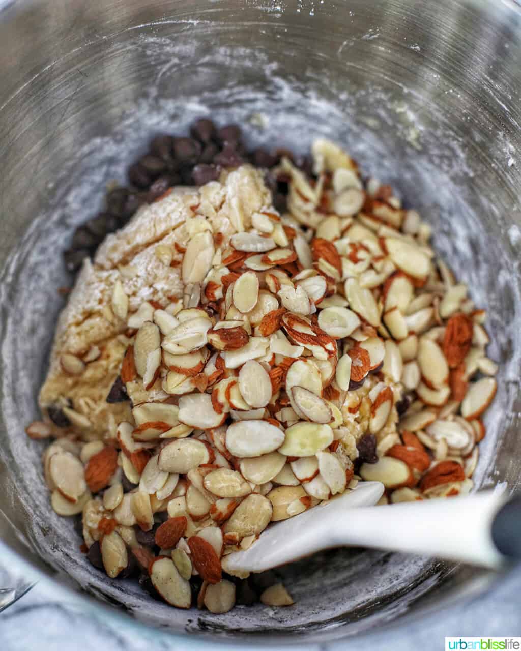 almonds into the batter for chocolate chip almond biscotti
