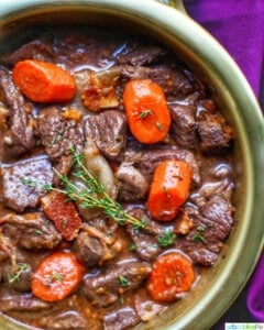close up of beef bourguignon in big bowl