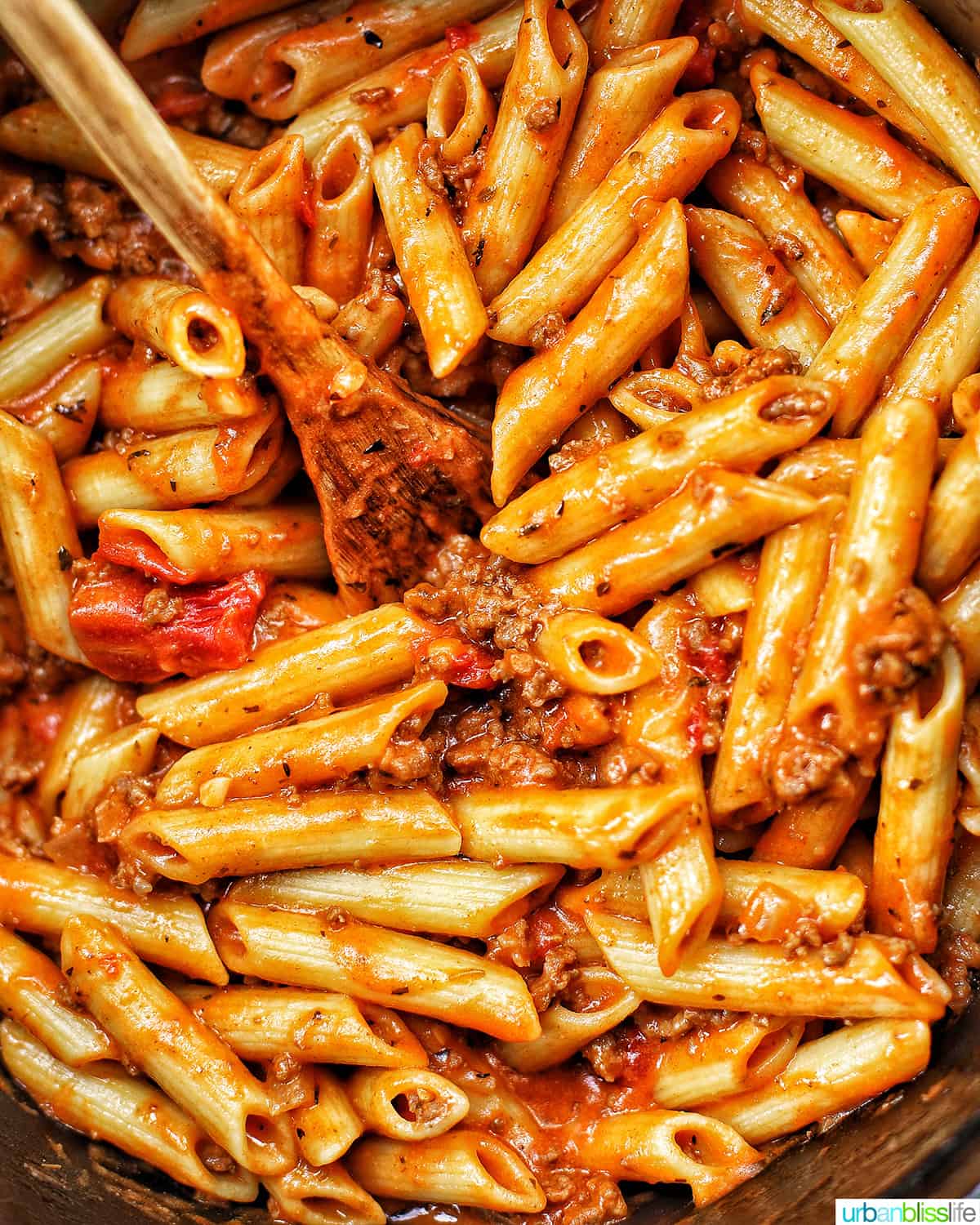 closeup of creamy ground beef pasta