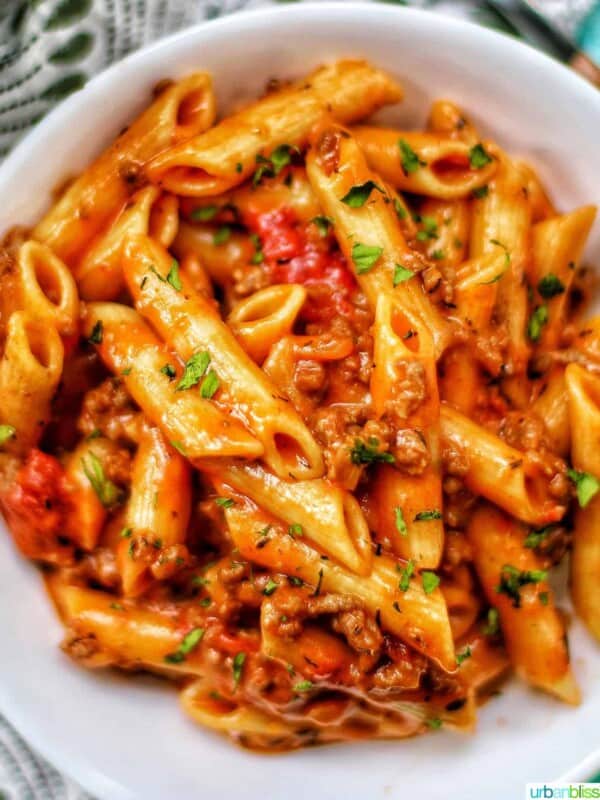 big bowl of dairy-free creamy ground beef pasta