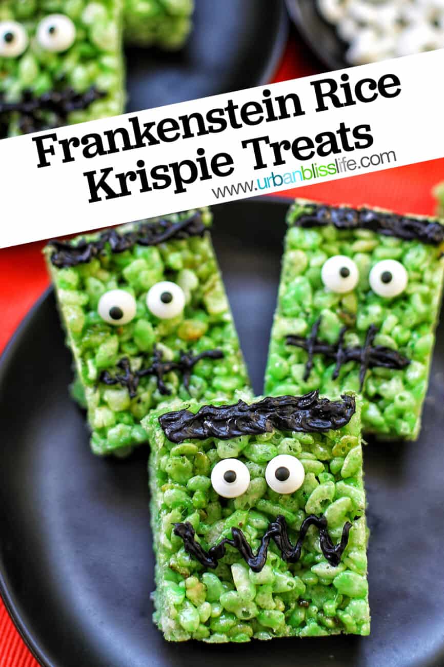 plate of Frankenstein Rice Krispie Treats with text overlay