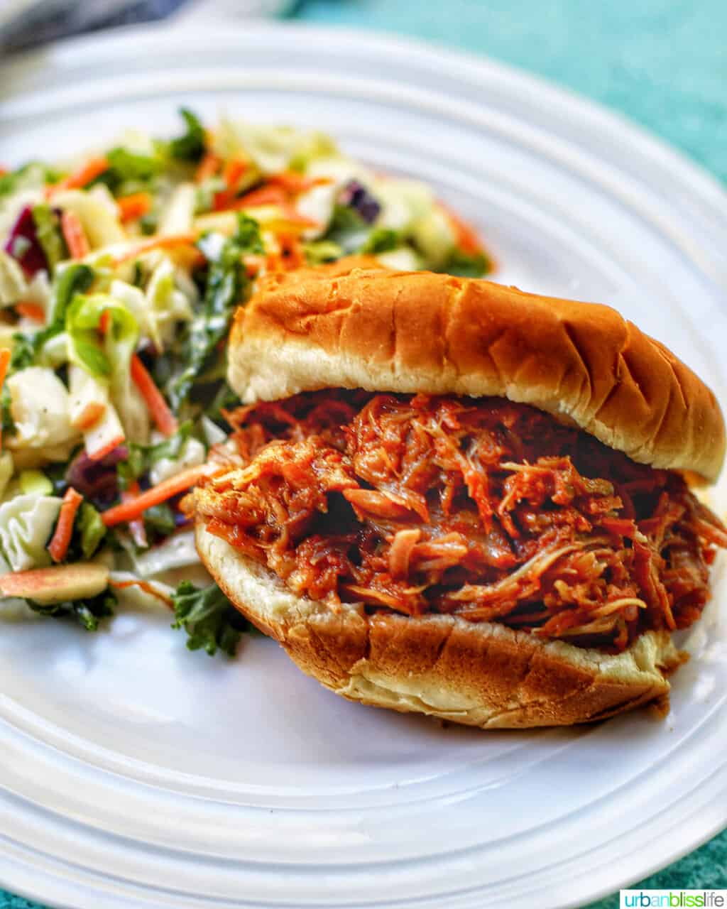 pulled pork sandwich on a white plate with salad