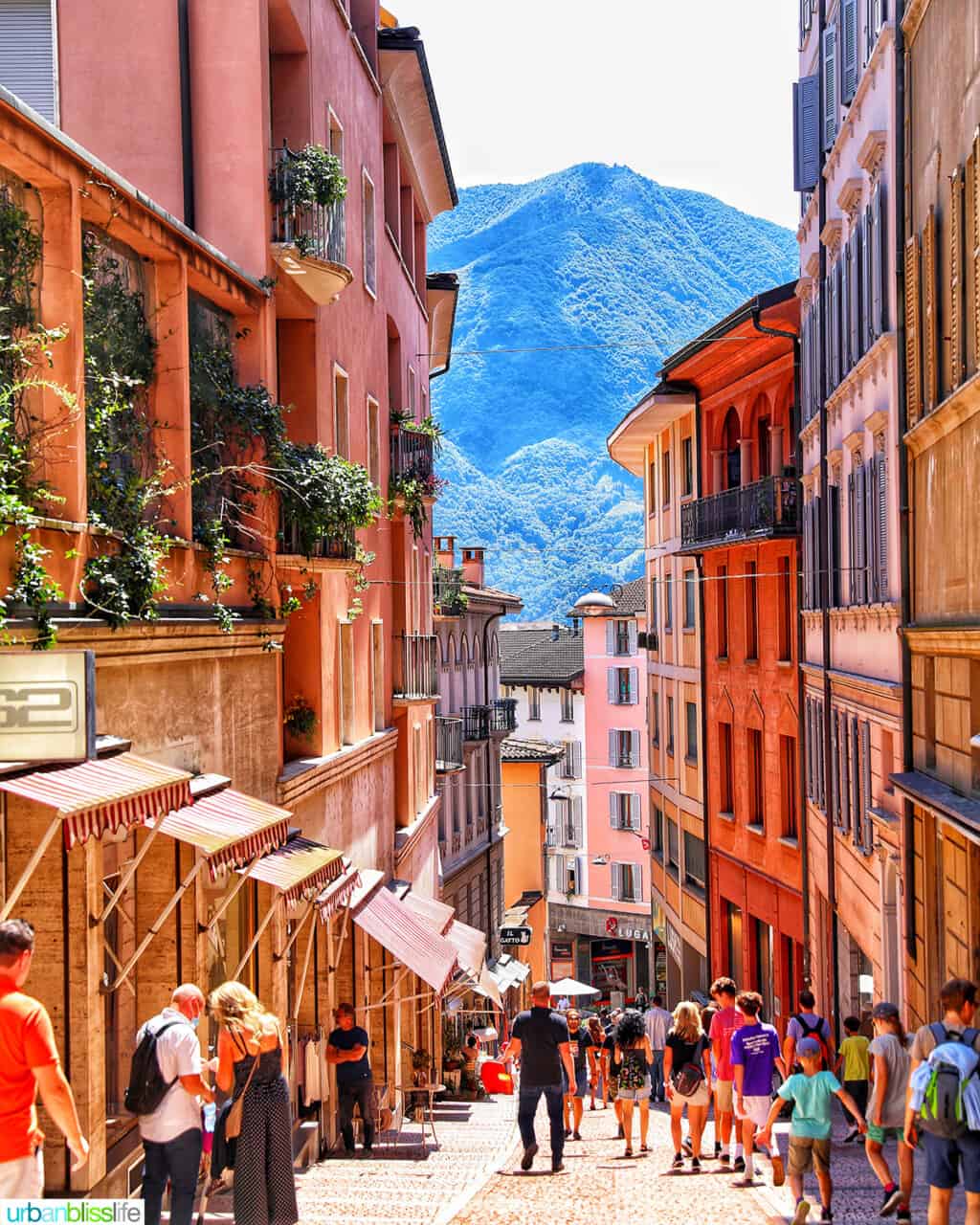 colorful steep street in Lugano, Switzerland