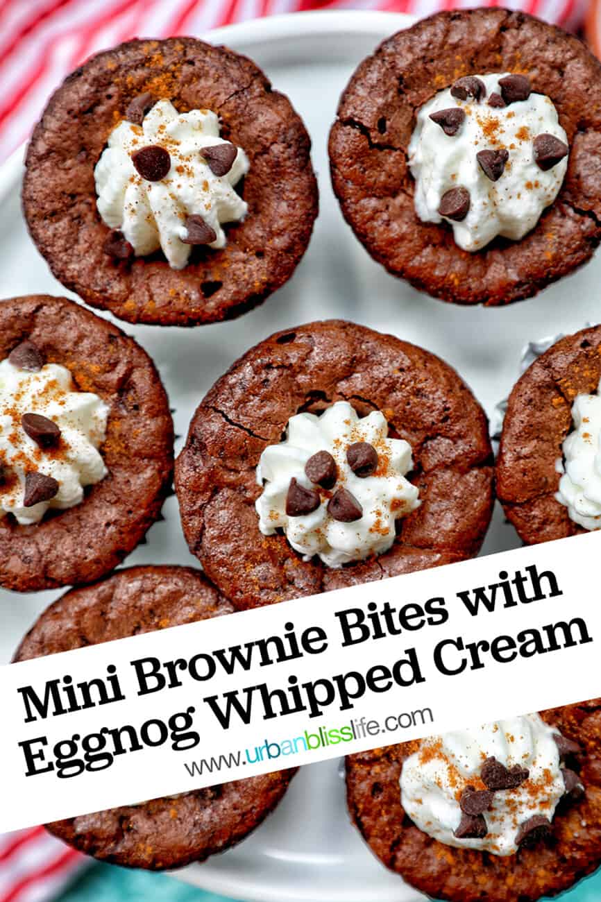 mini brownie bites eggnog whipped cream with text