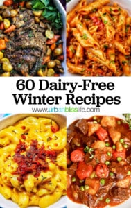 Four photos of dairy-free winter recipes with text overlay for pinterest