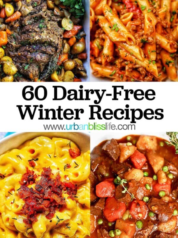 Four photos of dairy-free winter recipes with text overlay for pinterest