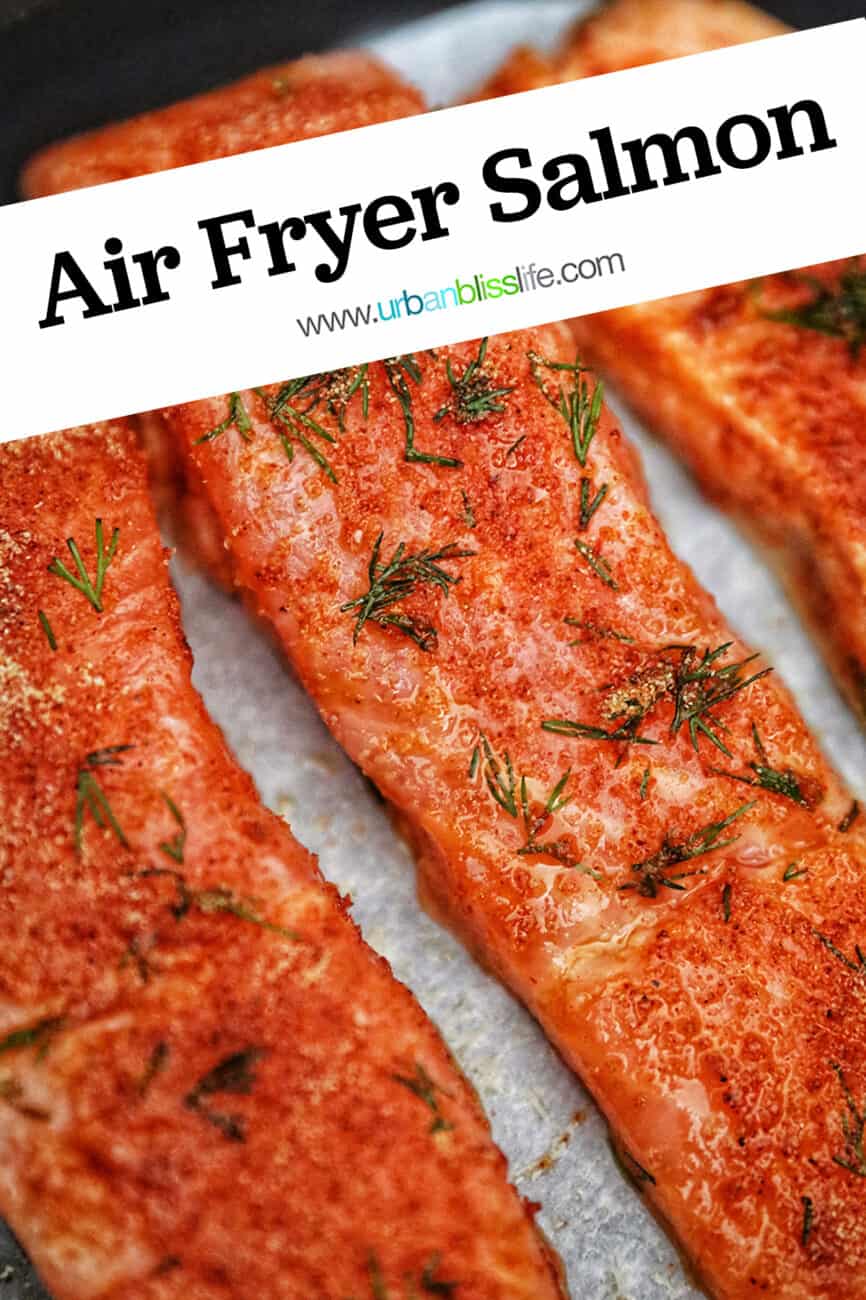 air fryer salmon with text overlay
