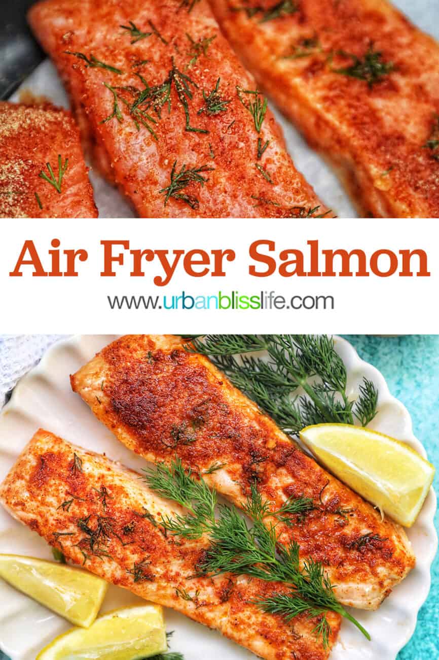air fryer salmon with text overlay
