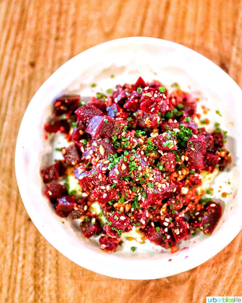 white plate of smoked beets at Bullard Tavern